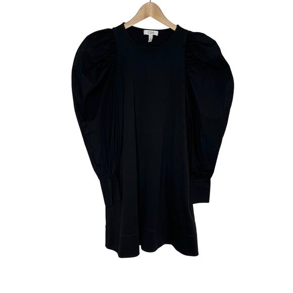 COS Puff Sleeve A Line Mini Dress Womens XS Black Pockets Long Sleeve Cotton - Picture 2 of 10